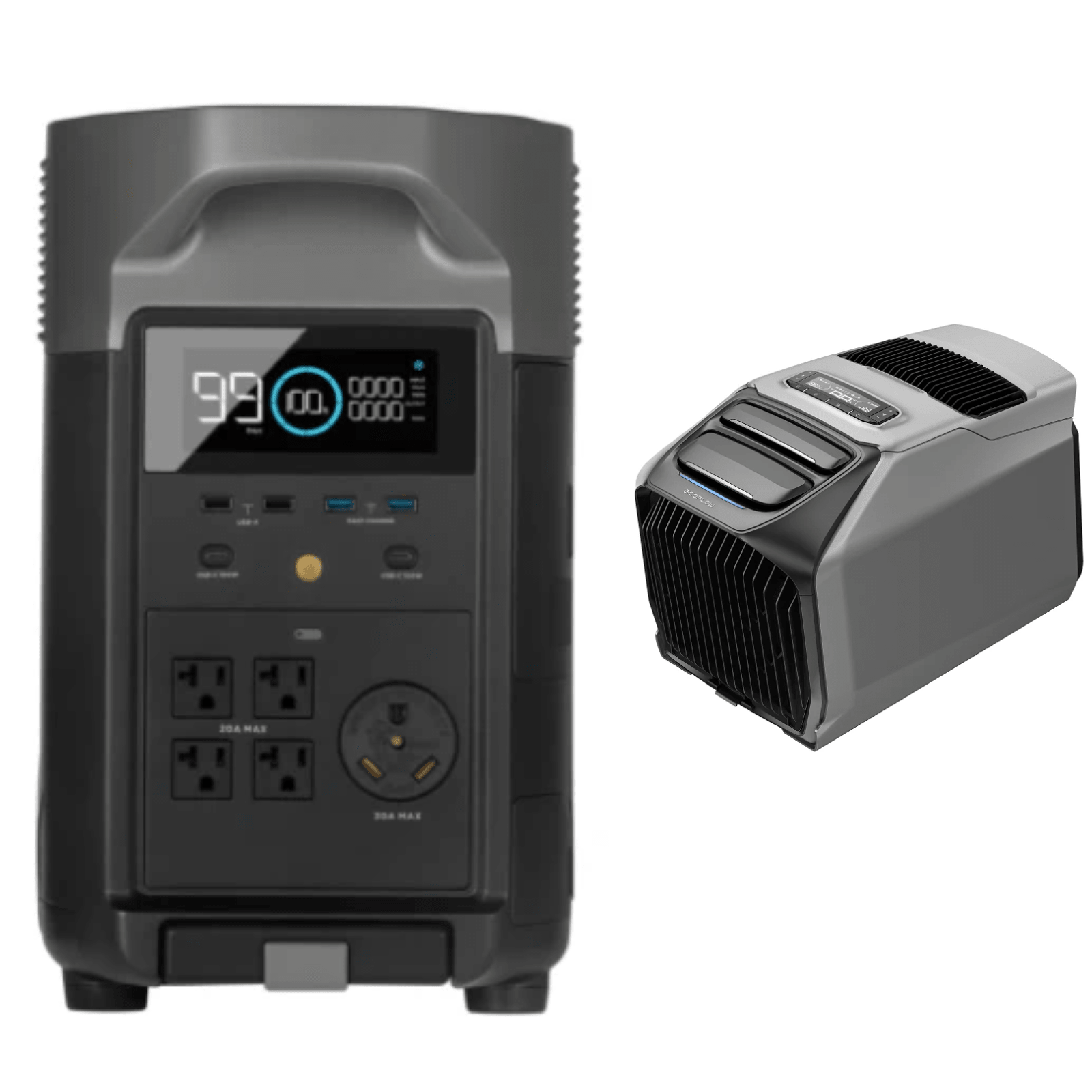 EcoFlow DELTA Pro portable power station with Wave 3 portable air conditioner in a home setting.