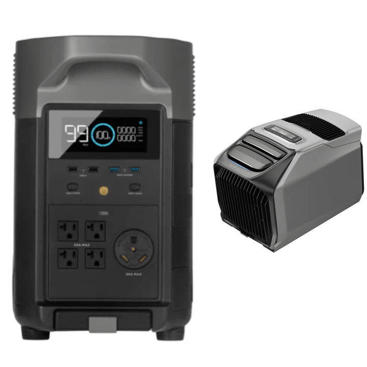 EcoFlow DELTA Pro portable power station with Wave 3 portable air conditioner in a home setting.