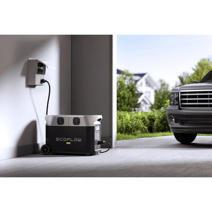 EcoFlow Delta Pro portable power stations with double voltage hub and A510A transfer switch, showing multiple power units and connection interfaces.