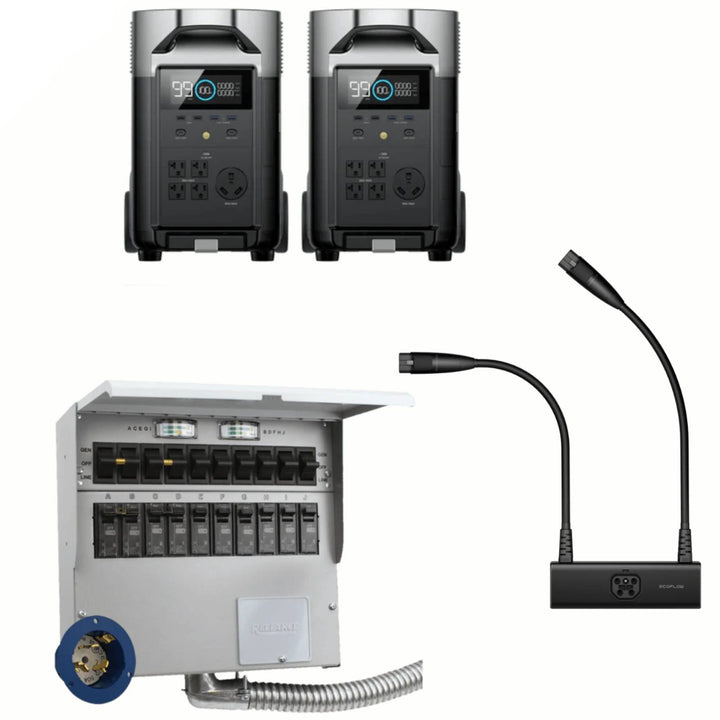 EcoFlow QTY 2 Delta Pro portable power stations with double voltage hub and A510A transfer switch, shown outdoors with cables.