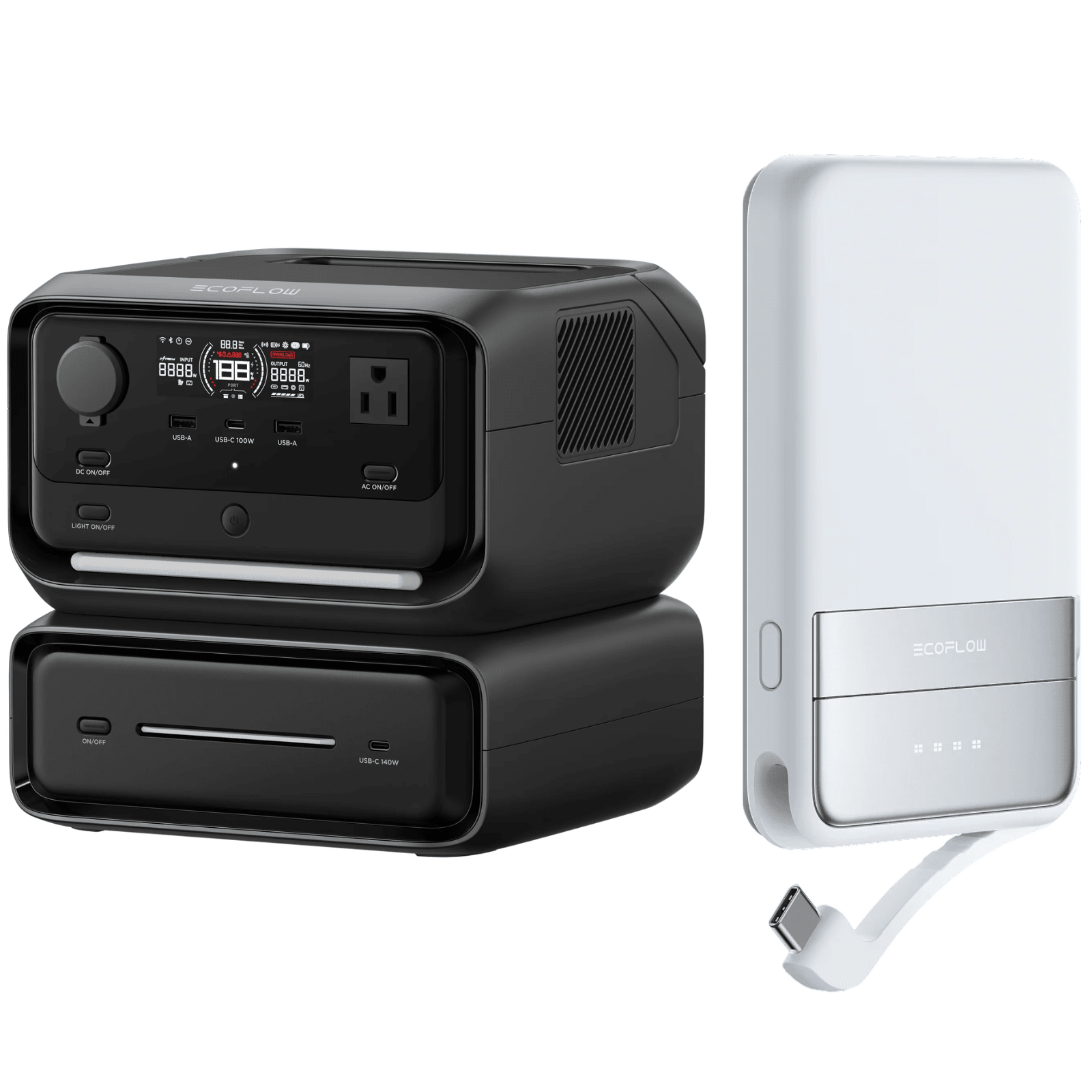 Two EcoFlow River 3 Max portable power stations and two Rapid power banks shown with charging ports and digital displays.