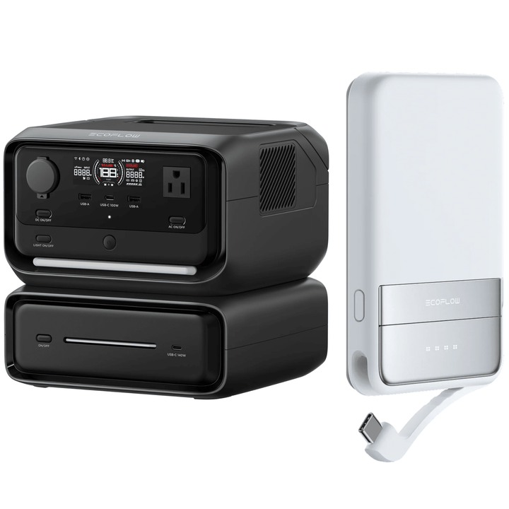 Two EcoFlow River 3 Max portable power stations and two Rapid power banks shown with charging ports and digital displays.