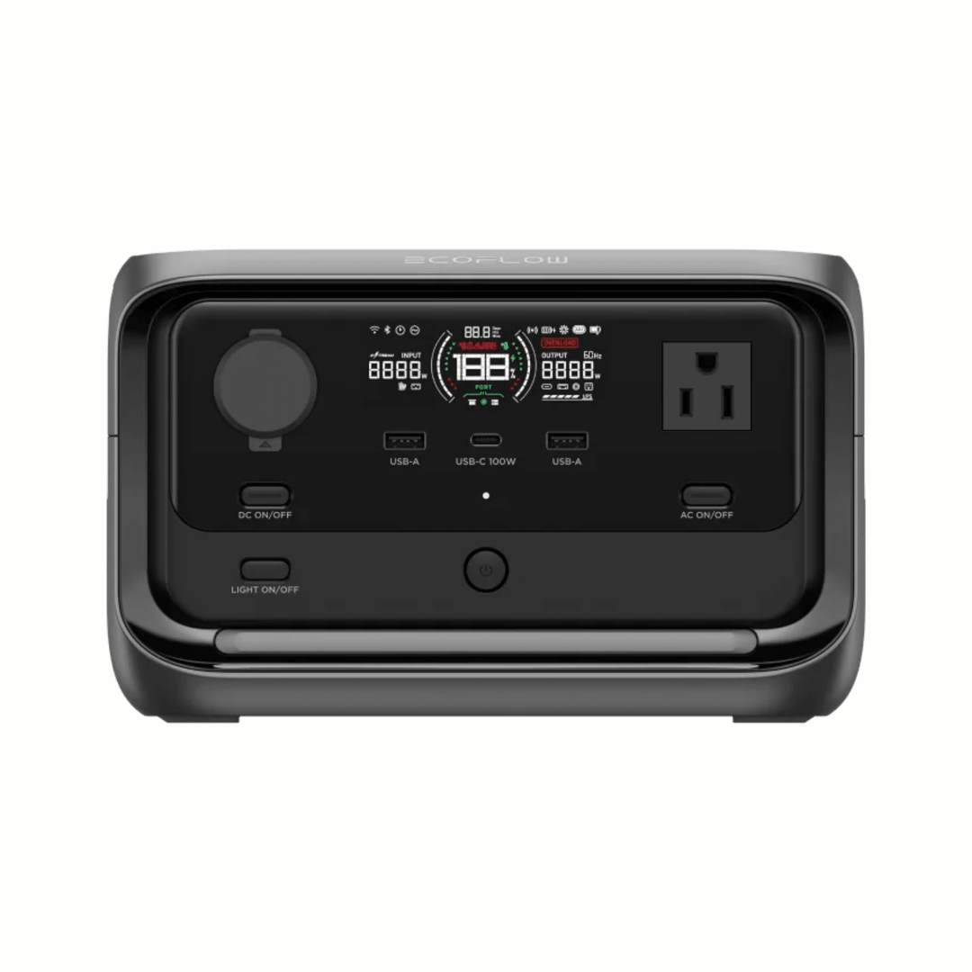 EcoFlow River 3 Max portable power station with 600W output and 768Wh battery capacity, shown with multiple charging ports and digital display.