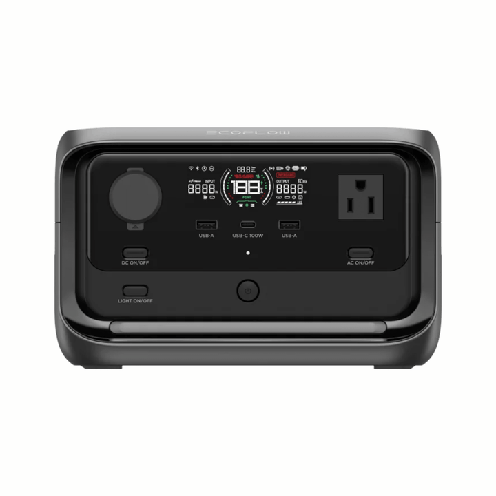 EcoFlow River 3 Max portable power station with 600W output and 768Wh battery capacity, shown with multiple charging ports and digital display.