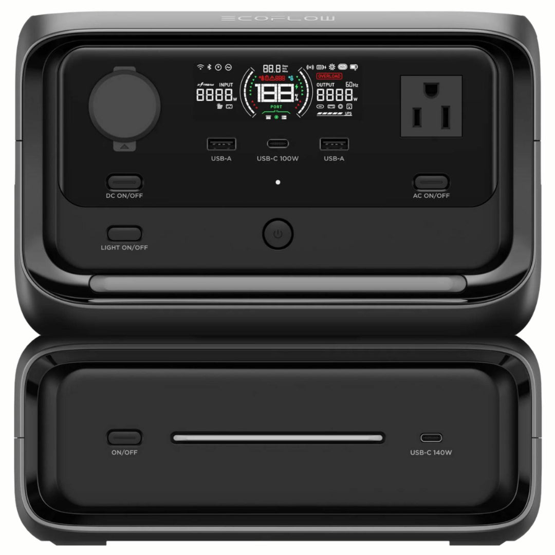 EcoFlow River 3 Max portable power station with 600W output and 768Wh battery capacity shown on a sleek black device.