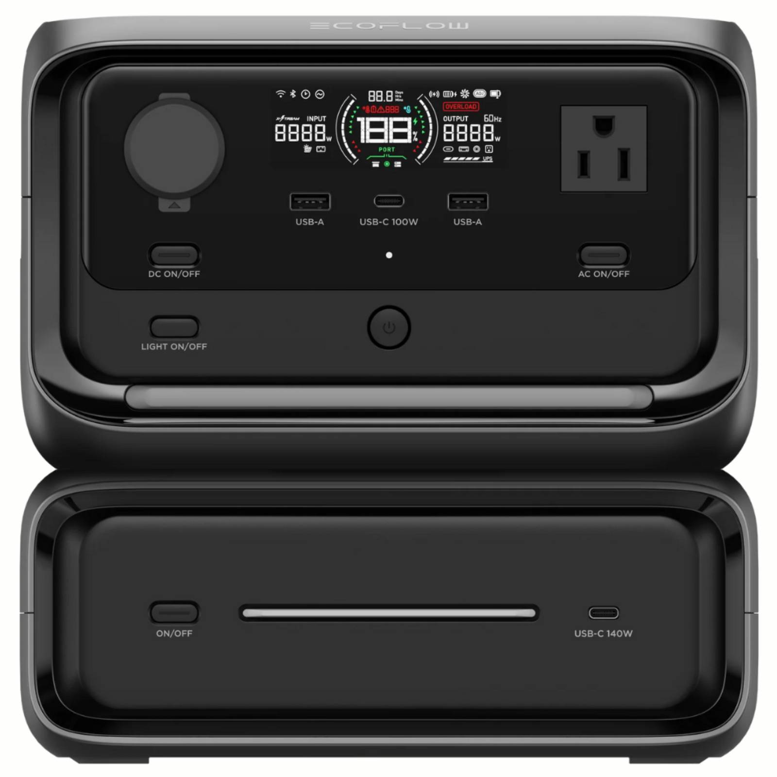 EcoFlow River 3 Max portable power station with 600W output and 768Wh battery capacity shown on a sleek black device.