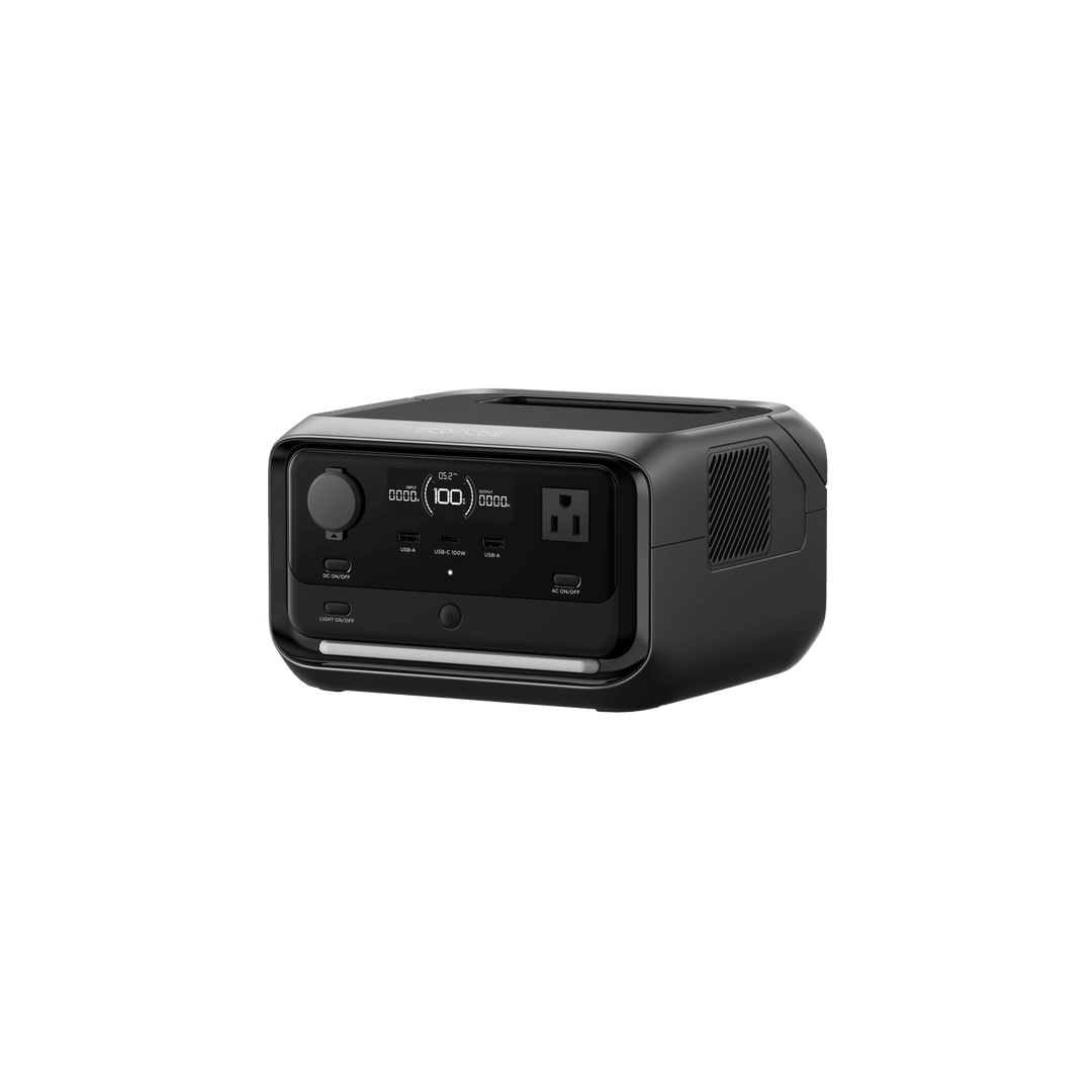 EcoFlow RIVER 3 Plus portable power station with 286Wh capacity and 600W output, featuring multiple ports for versatile charging.