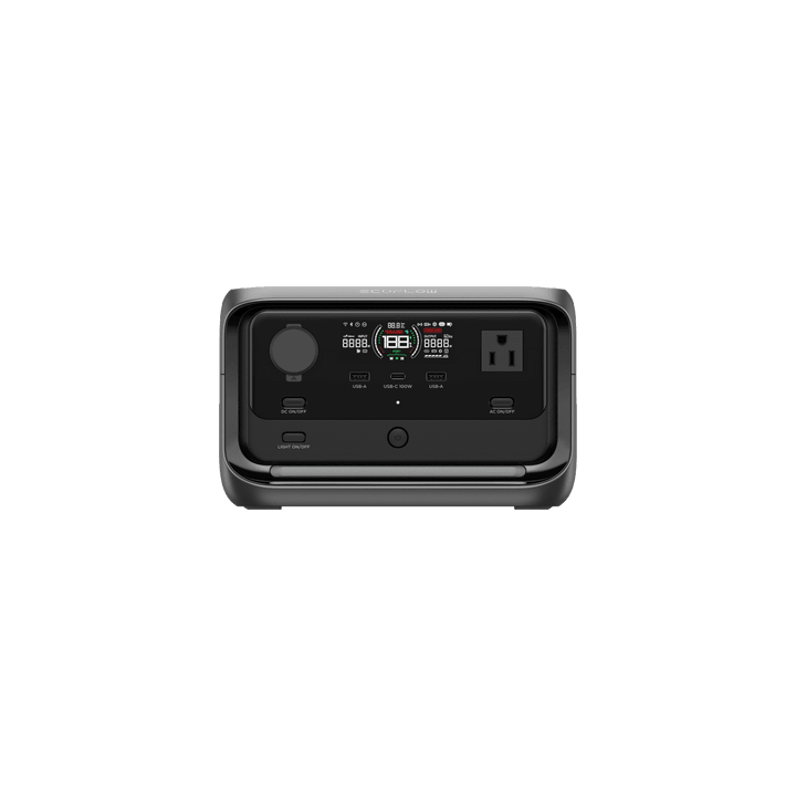 EcoFlow RIVER 3 Plus portable power station with 286Wh capacity and 600W output, shown with power ports and digital display.