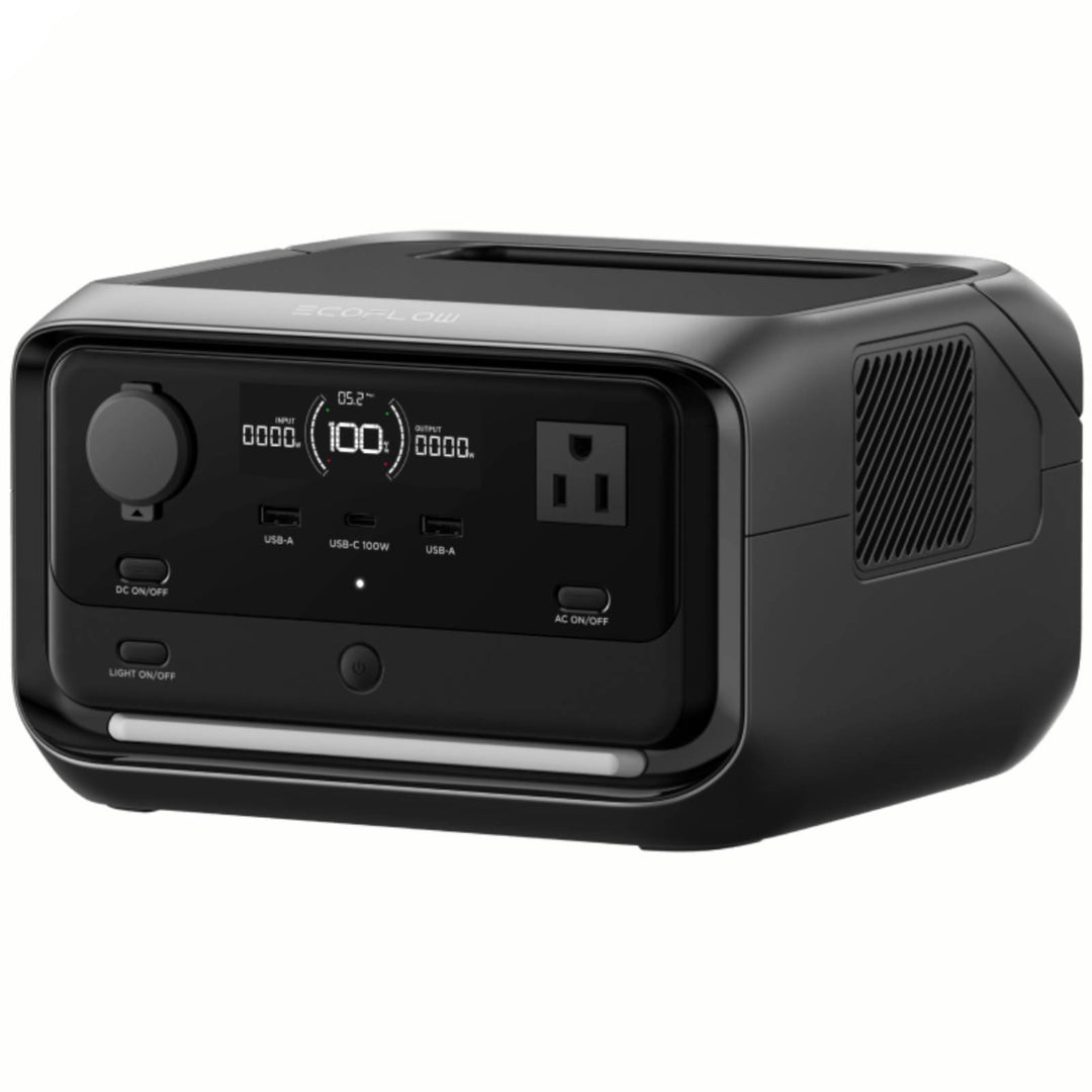 EcoFlow RIVER 3 Plus portable power station with 286Wh capacity and 600W output, showing the device with ports and display screen.