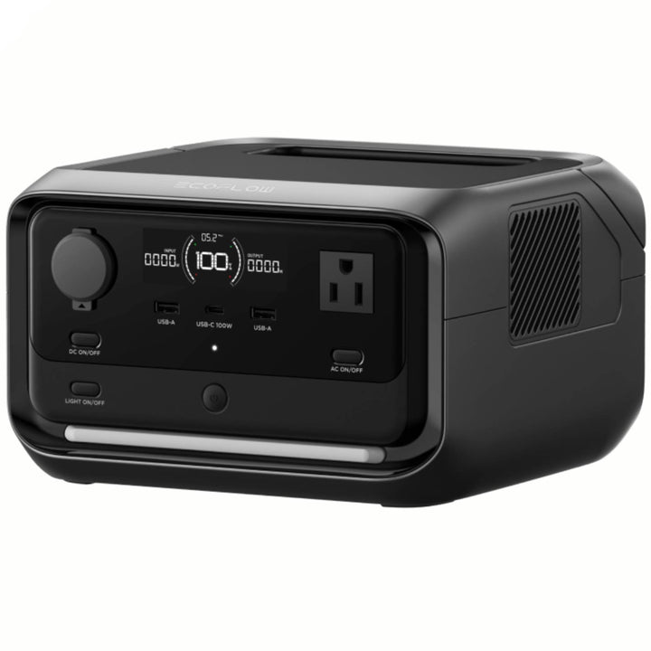 EcoFlow RIVER 3 Plus portable power station with 286Wh capacity and 600W output, showing the device with ports and display screen.