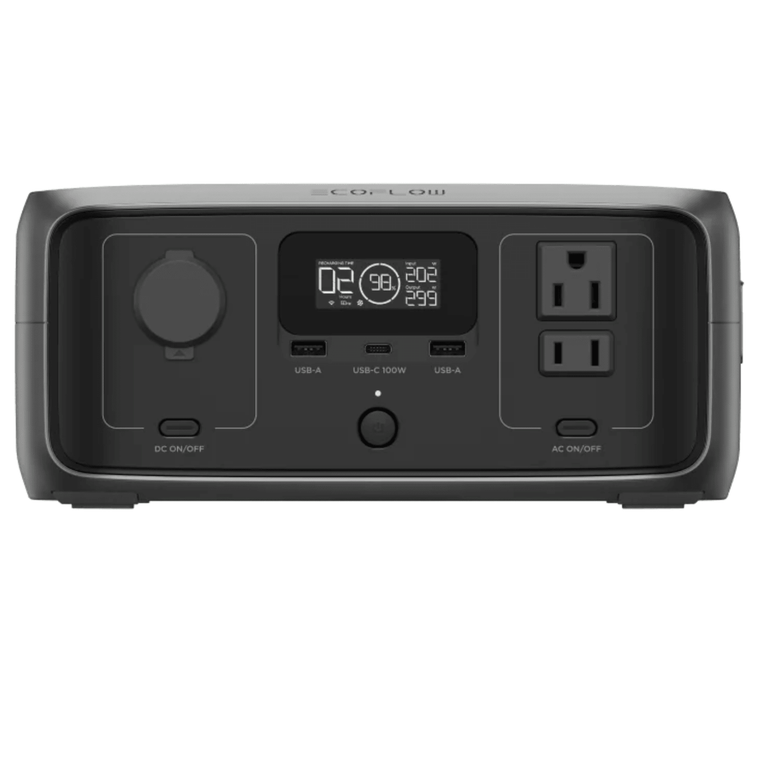 EcoFlow RIVER 3 Portable Power Station with 245Wh capacity and 300W power backup, featuring multiple ports for versatile charging.