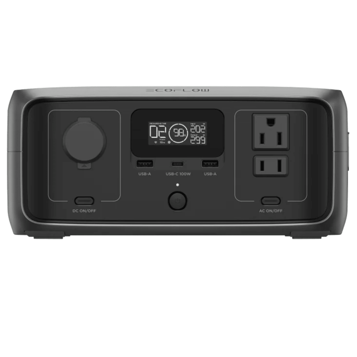 EcoFlow RIVER 3 Portable Power Station with 245Wh capacity and 300W power backup, featuring multiple ports for versatile charging.