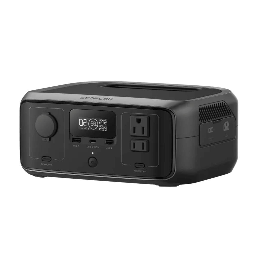 EcoFlow RIVER 3 portable power station with 245Wh capacity and 300W power backup, shown with multiple charging ports.
