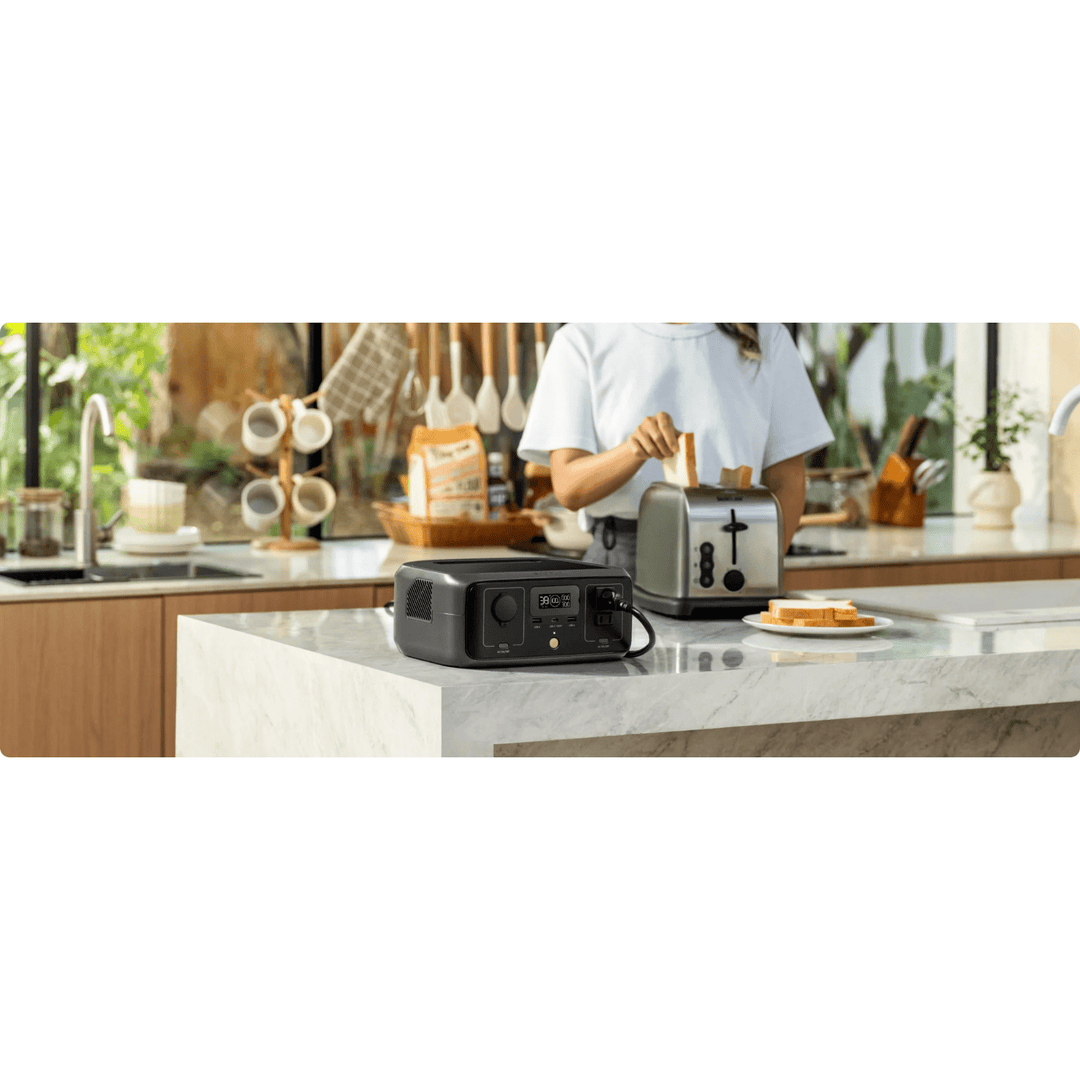 EcoFlow RIVER 3 portable power station with 245Wh capacity and 300W power backup, shown with charging ports and display screen.