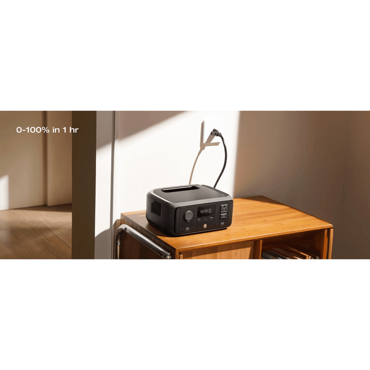 EcoFlow RIVER 3 portable power station with 245Wh capacity and 300W power backup, showing front panel with ports and display screen.