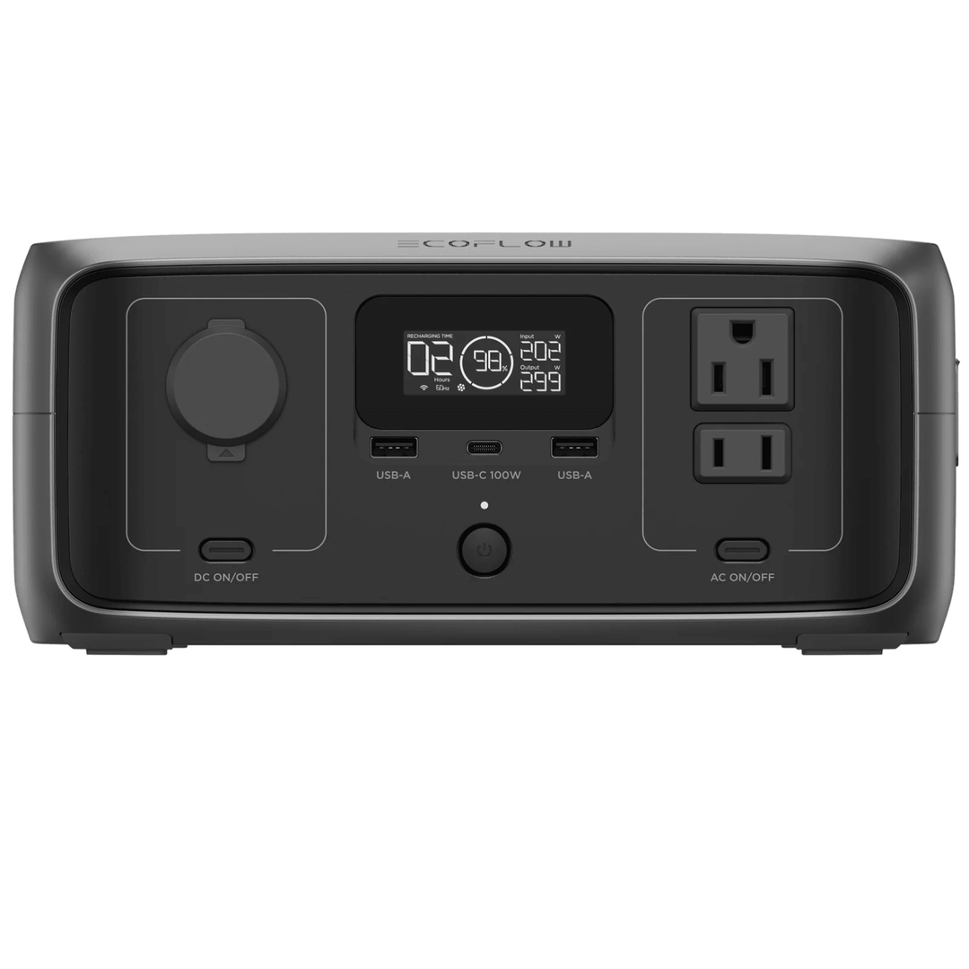 EcoFlow RIVER 3 portable power station with 245Wh capacity and 300W power backup, shown with multiple output ports and digital display.