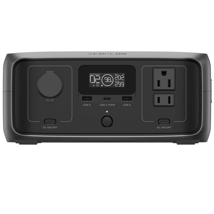 EcoFlow RIVER 3 portable power station with 245Wh capacity and 300W power backup, shown with multiple output ports and digital display.