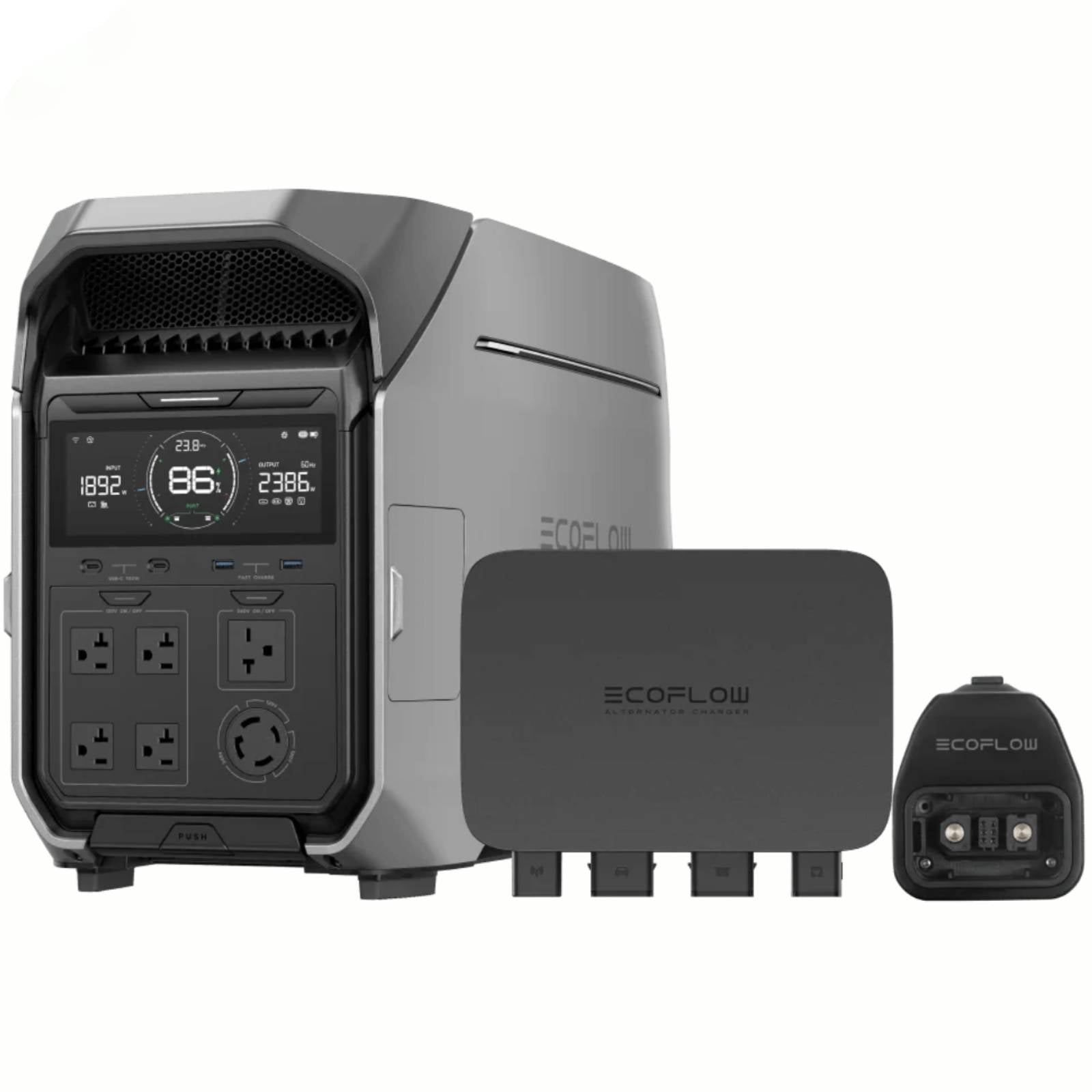 EcoFlow Delta Pro portable power station kit with 800W alternator charger and generator adapter, compact and versatile for outdoor use.