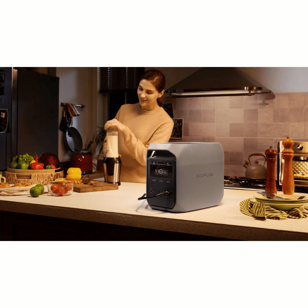 EcoFlow DELTA 3 Classic portable power station with 220W solar panel kit, 2048Wh capacity, and multiple outlets for outdoor power.