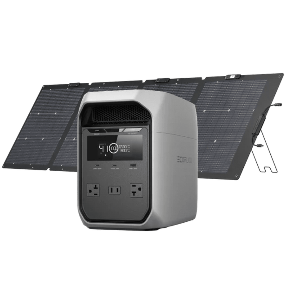 EcoFlow DELTA 3 Classic portable power station with 220W solar panel kit, 2048Wh capacity for off-grid power solutions.