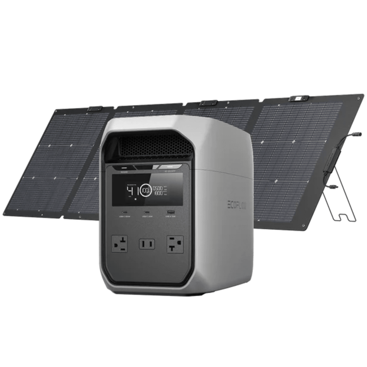EcoFlow DELTA 3 Classic portable power station with 220W solar panel kit, 2048Wh capacity for off-grid power solutions.