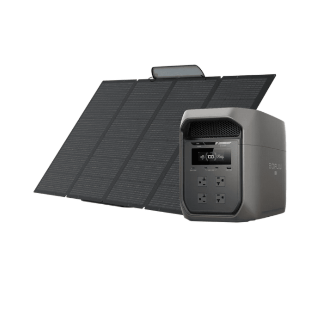 EcoFlow DELTA 3 Max 2048Wh black portable power station with 400W solar panel kit for outdoor energy backup