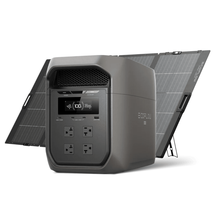 EcoFlow DELTA 3 Max portable power station with 2048Wh capacity and 400W solar panel for outdoor energy solutions.