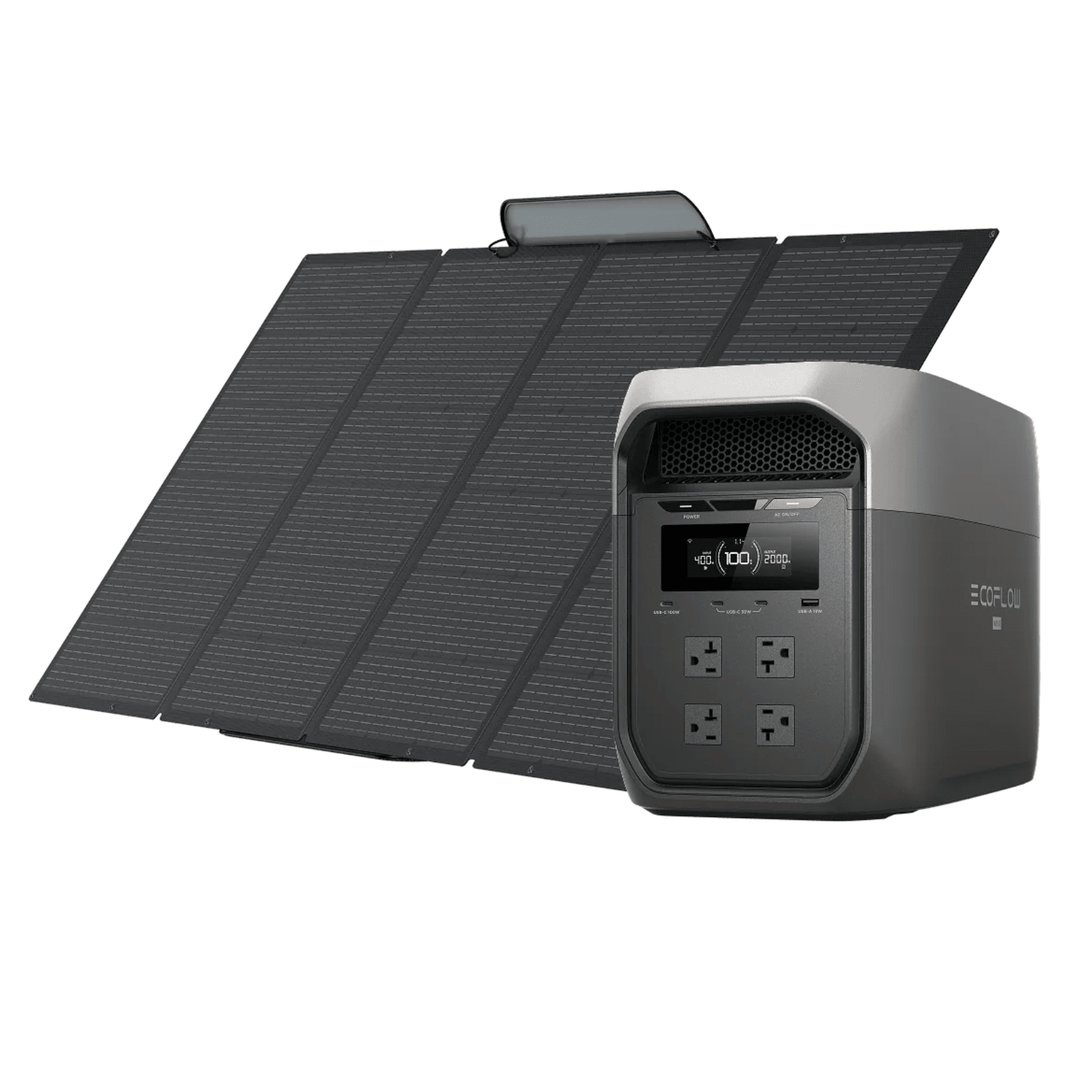 EcoFlow DELTA 3 Max portable power station with 2048Wh capacity and 400W solar panel for outdoor energy solutions.