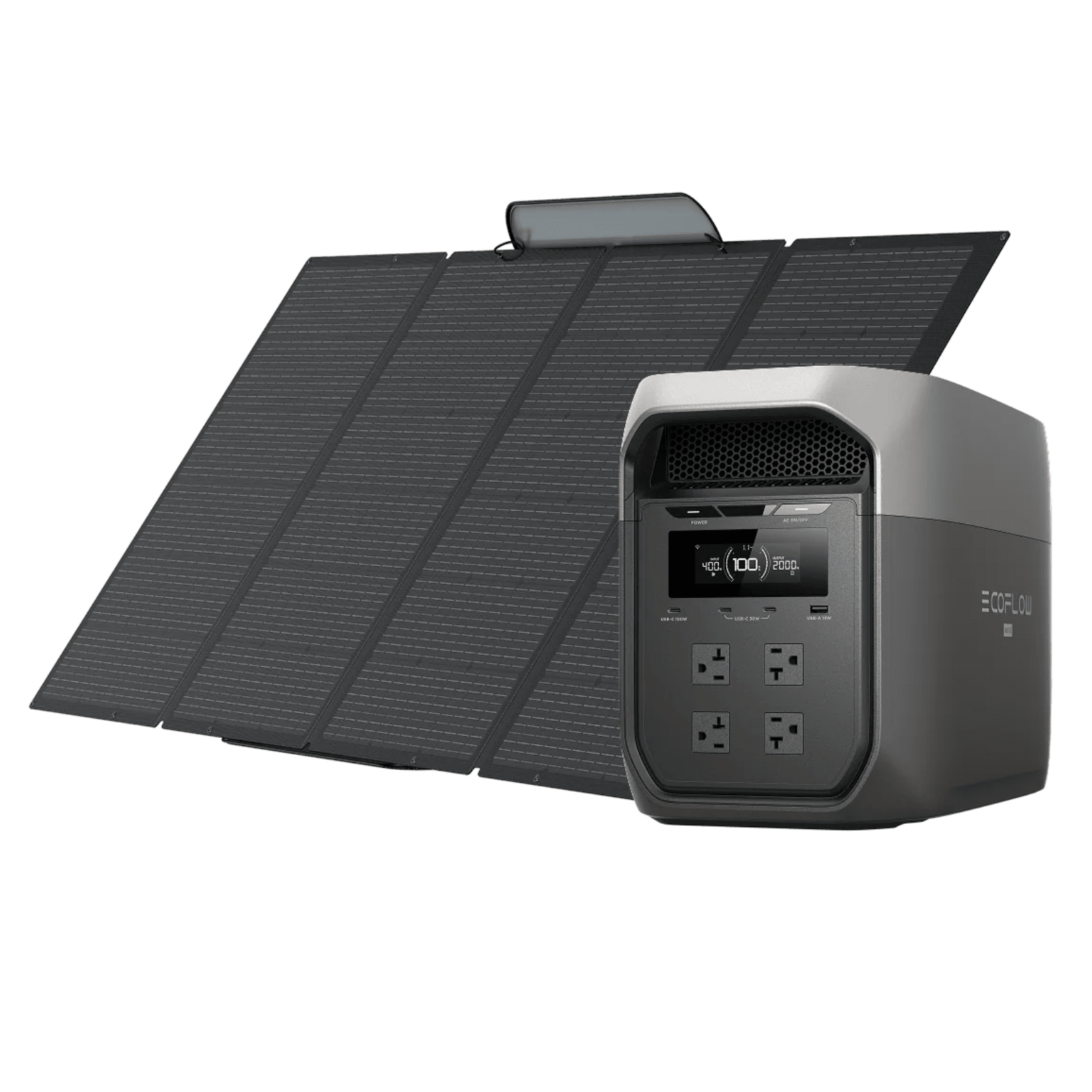 EcoFlow DELTA 3 Max portable power station with 2048Wh capacity and 400W solar panel for outdoor energy solutions.