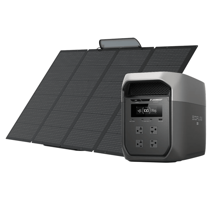 EcoFlow DELTA 3 Max portable power station with 2048Wh capacity and 400W solar panel for outdoor energy solutions.