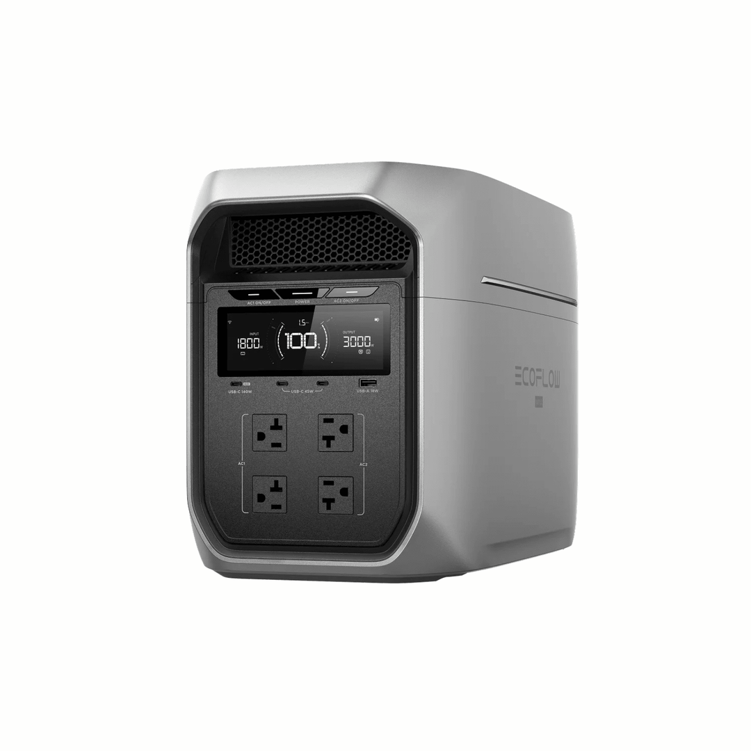 EcoFlow DELTA 3 Max Plus portable power station with 220W solar panel and 3000V output for outdoor power needs.