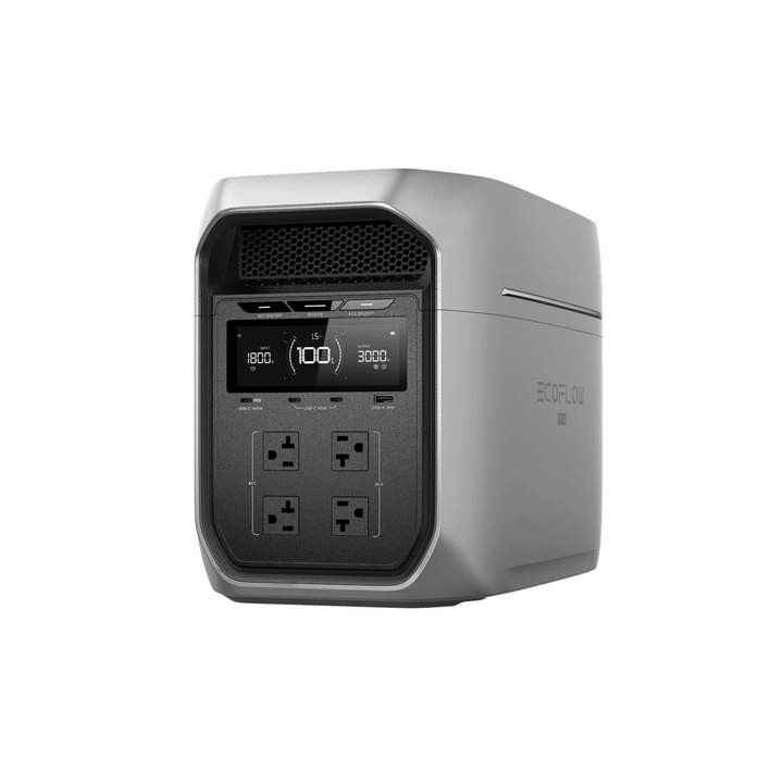 EcoFlow DELTA 3 Max Plus portable power station with 220W solar panel and 3000V output for outdoor power needs.