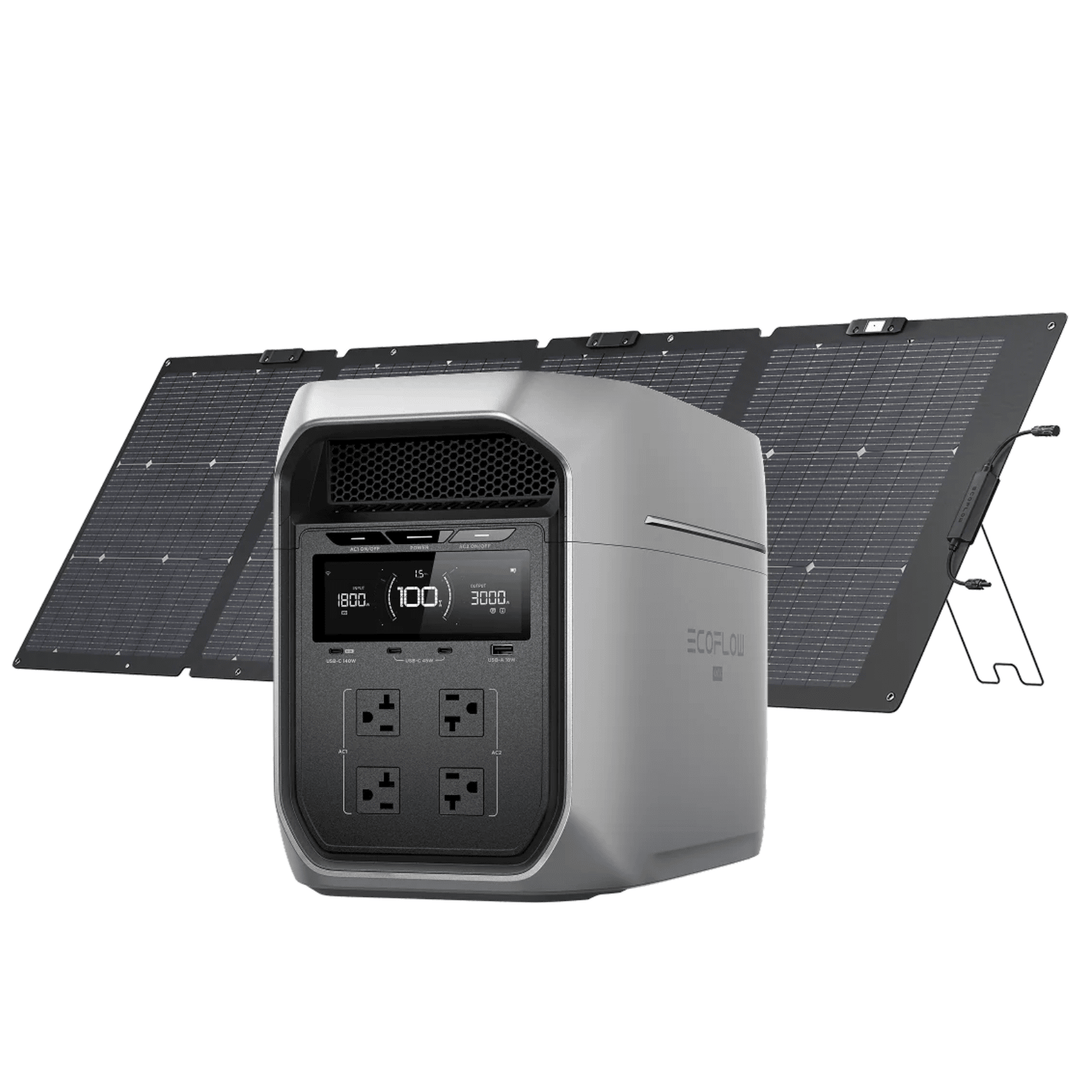 EcoFlow DELTA 3 Max Plus portable power station with 220W solar panel and 3000V output for renewable energy storage.