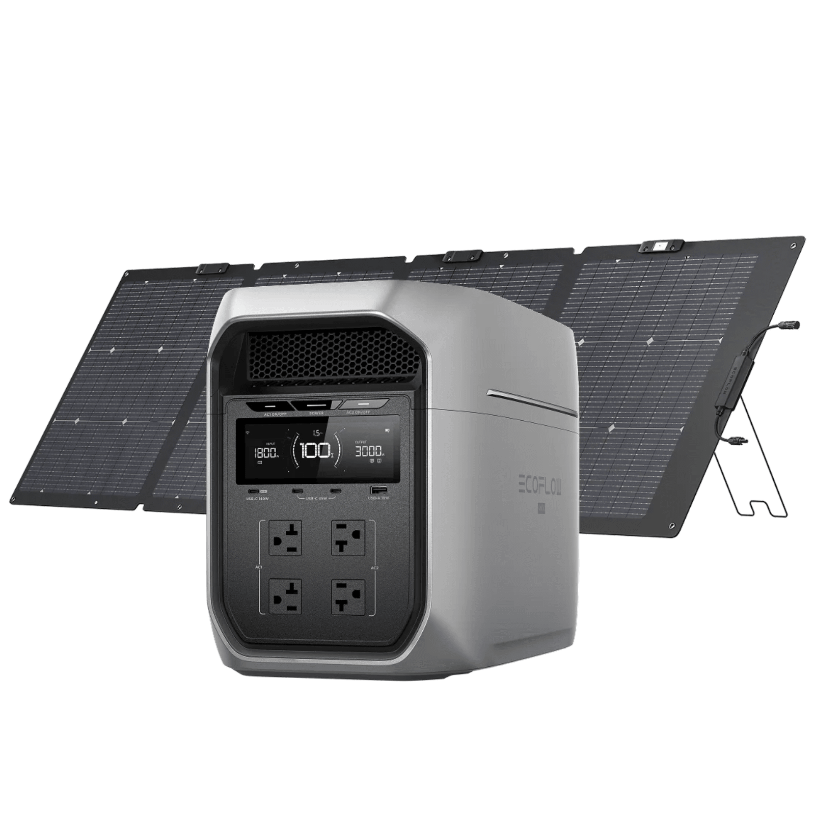 EcoFlow DELTA 3 Max Plus portable power station with 220W solar panel and 3000V output for renewable energy storage.