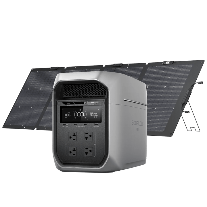 EcoFlow DELTA 3 Max Plus portable power station with 220W solar panel and 3000V output for renewable energy storage.