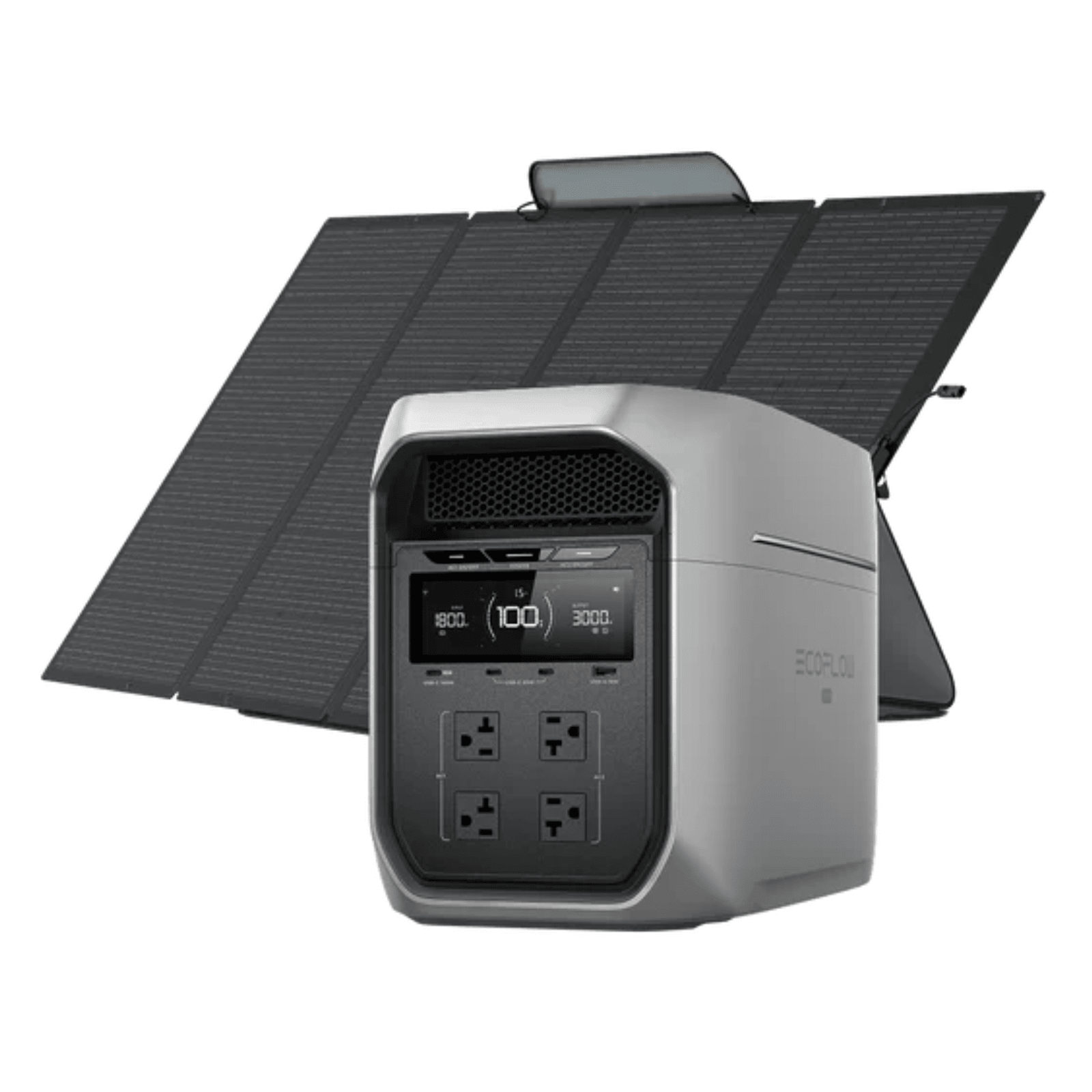 EcoFlow DELTA 3 Max Plus portable power station with 400W solar panel in a compact design for outdoor and emergency use.