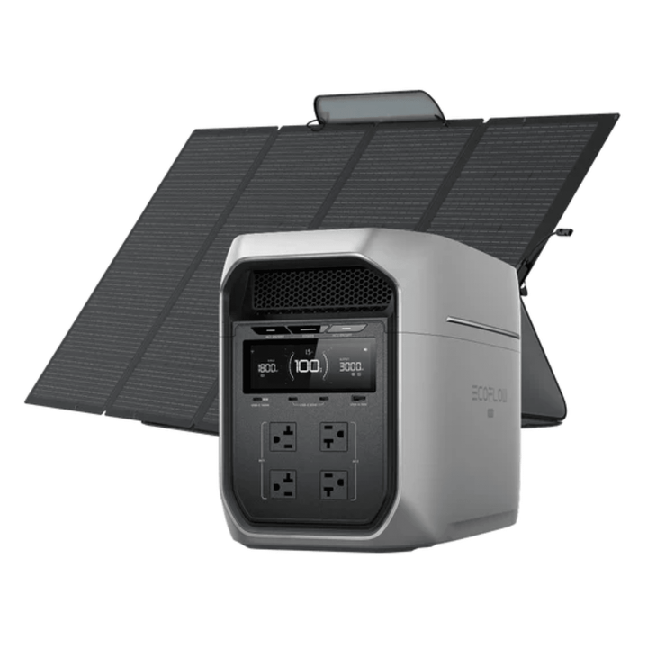 EcoFlow DELTA 3 Max Plus portable power station with 400W solar panel in a compact design for outdoor and emergency use.