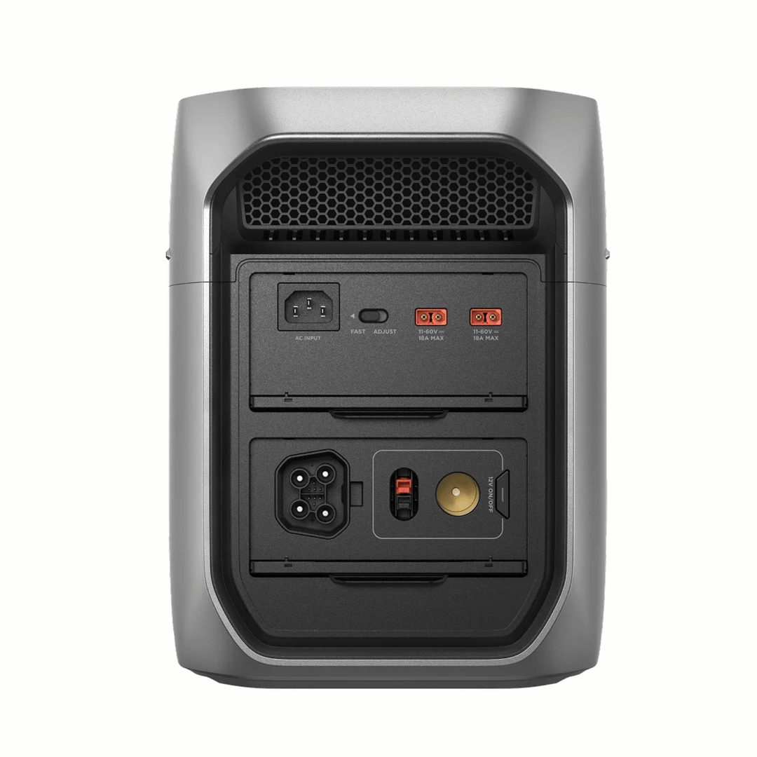 EcoFlow DELTA 3 Max Plus portable power station with extra battery and solar panel kit, showing multiple charging ports and digital display.