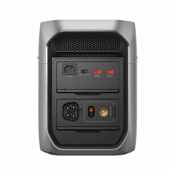 EcoFlow DELTA 3 Max Plus portable power station with extra battery and solar panel kit, showing multiple charging ports and digital display.