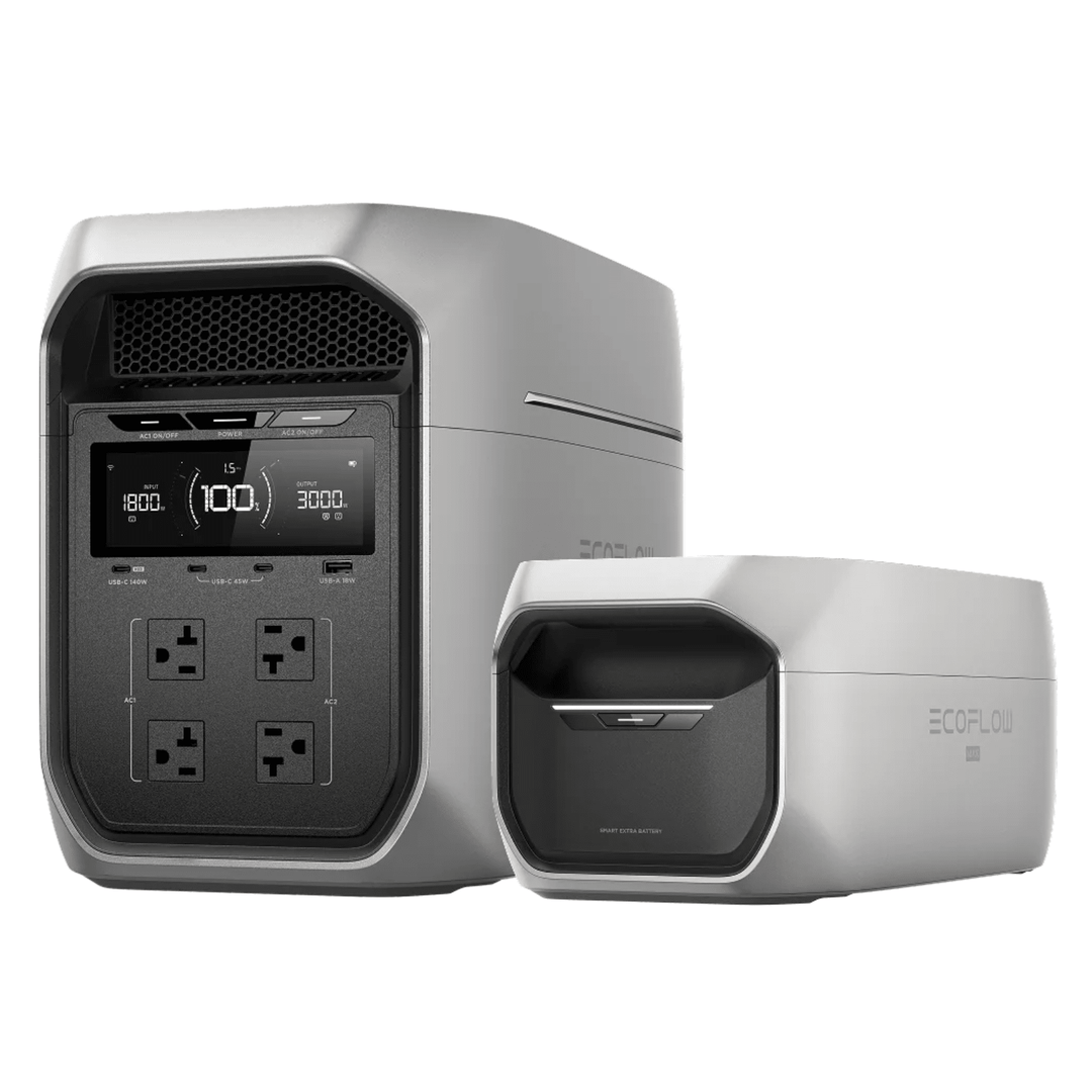 EcoFlow DELTA 3 Max Plus portable power station with extra battery and solar panel kit, showing multiple charging ports and display panel.