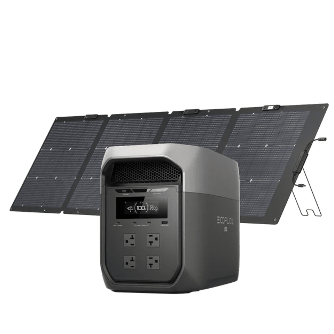 EcoFlow DELTA 3 Max portable power station with a 220W solar panel, gray color, 2048Wh capacity, outdoor solar power kit.