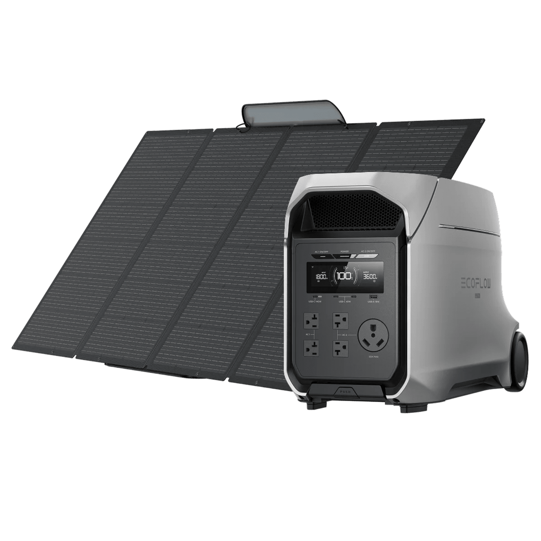 EcoFlow DELTA 3 Ultra Plus portable power station with 400W solar panel, 3072Wh capacity, and solar panel kit for outdoor use.