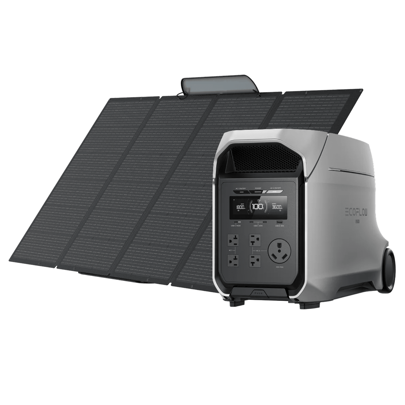EcoFlow DELTA 3 Ultra Plus portable power station with 400W solar panel, 3072Wh capacity, and solar panel kit for outdoor use.