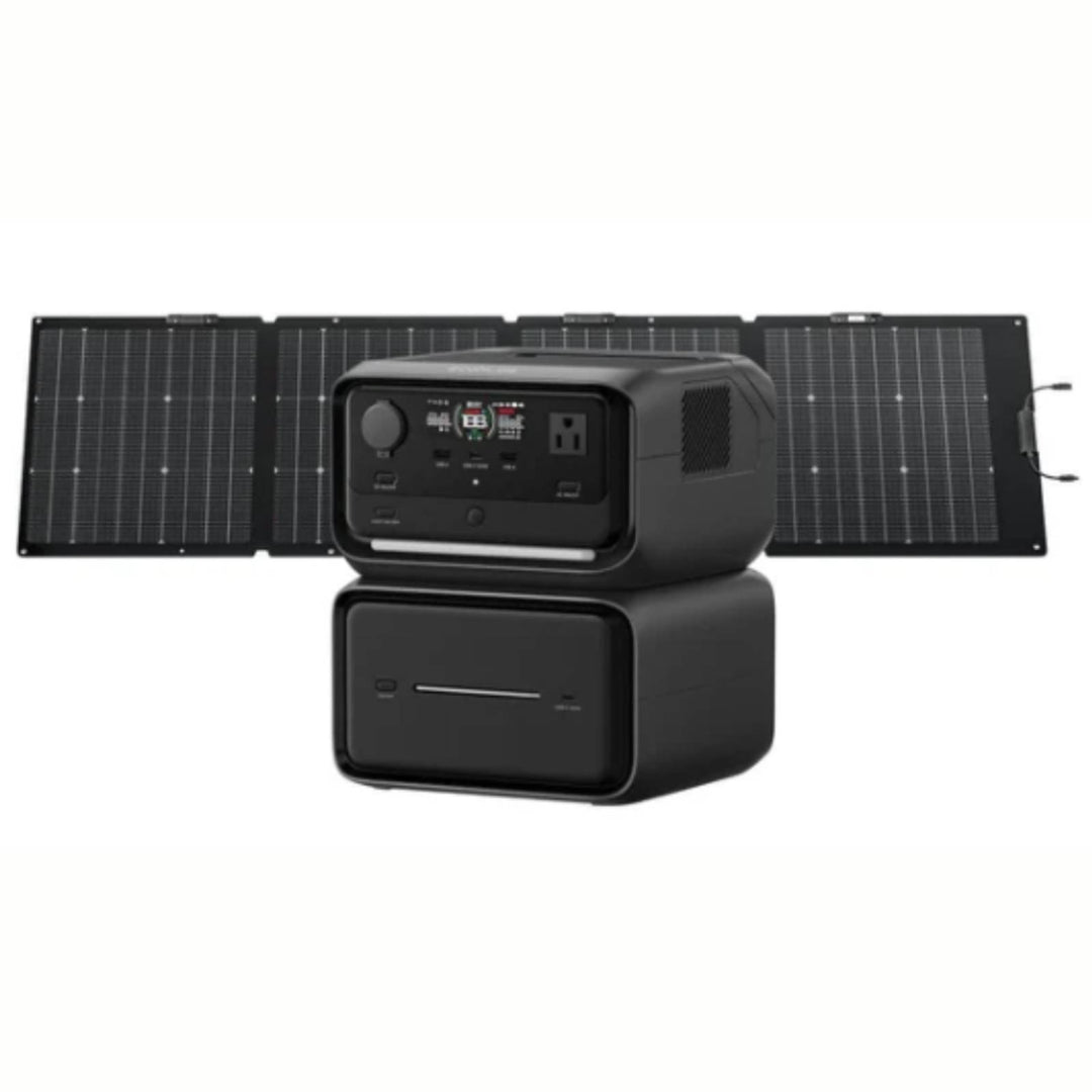 EcoFlow RIVER 3 Max Plus portable power station with 220W solar panel, outdoor camping and emergency backup power kit.