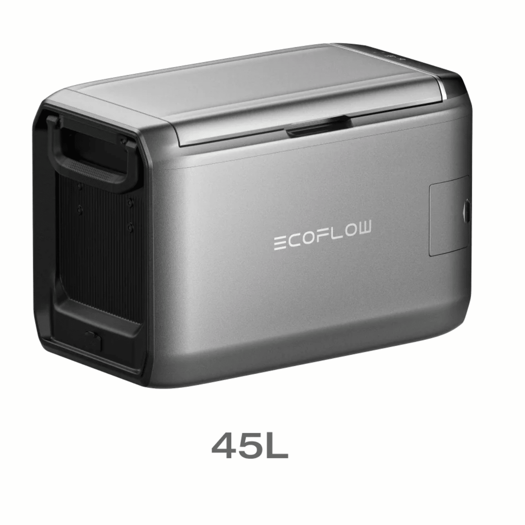 EcoFlow Glacier Classic portable refrigerator with 45L capacity, plug-in battery, outdoor cooler for travel and camping.