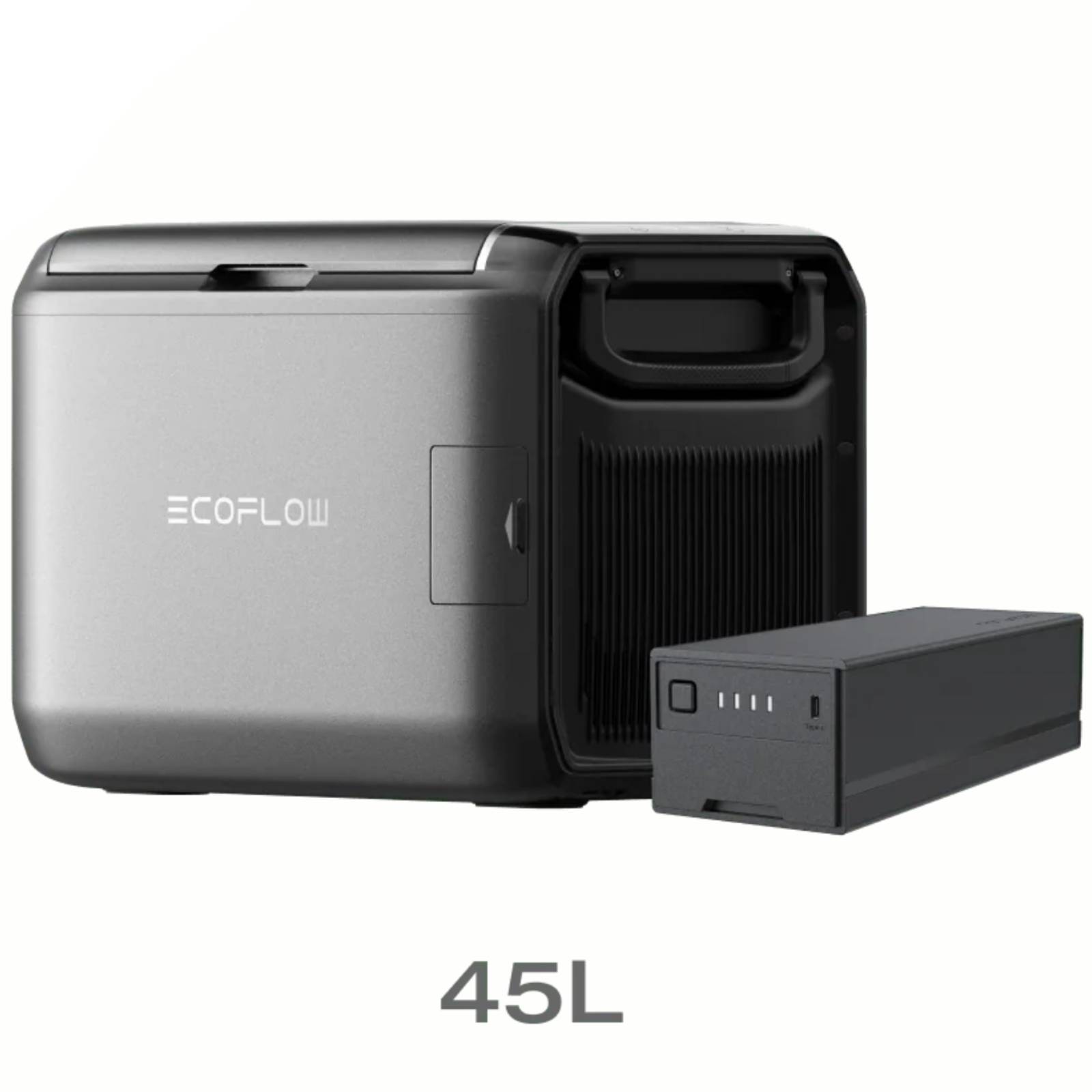 EcoFlow Glacier Classic portable cooler with 45L capacity, plug-in battery, outdoor portable refrigerator, black and silver design.