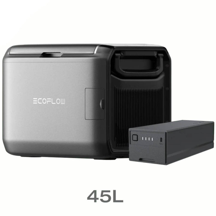 EcoFlow Glacier Classic portable cooler with 45L capacity, plug-in battery, outdoor portable refrigerator, black and silver design.
