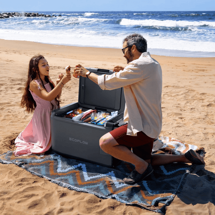 EcoFlow Glacier portable refrigerator with 35L capacity, battery included, dual-zone cooling, compact design, and plug-in power.