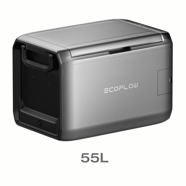 EcoFlow Glacier Classic portable cooler with dual-zone refrigeration, 55L capacity, plug-in battery for outdoor and travel use.
