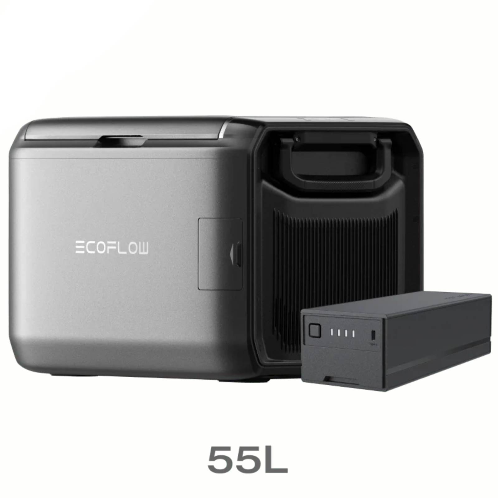 EcoFlow Glacier Classic portable refrigerator with dual-zone cooling, 55L capacity, plug-in battery, and sleek design.